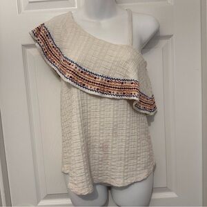 Lucky Brand Women's Size S Ivory Embroidered Off-Shoulder Boho Top Ruffle Neck